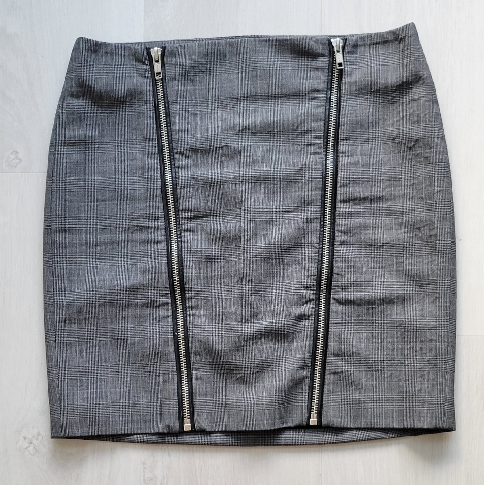 The Kooples bodycon zippered miniskirt, gray/brown plaid, FR 36, US 2
